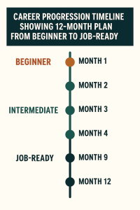 Career progression timeline showing 12-month plan from beginner to job-ready